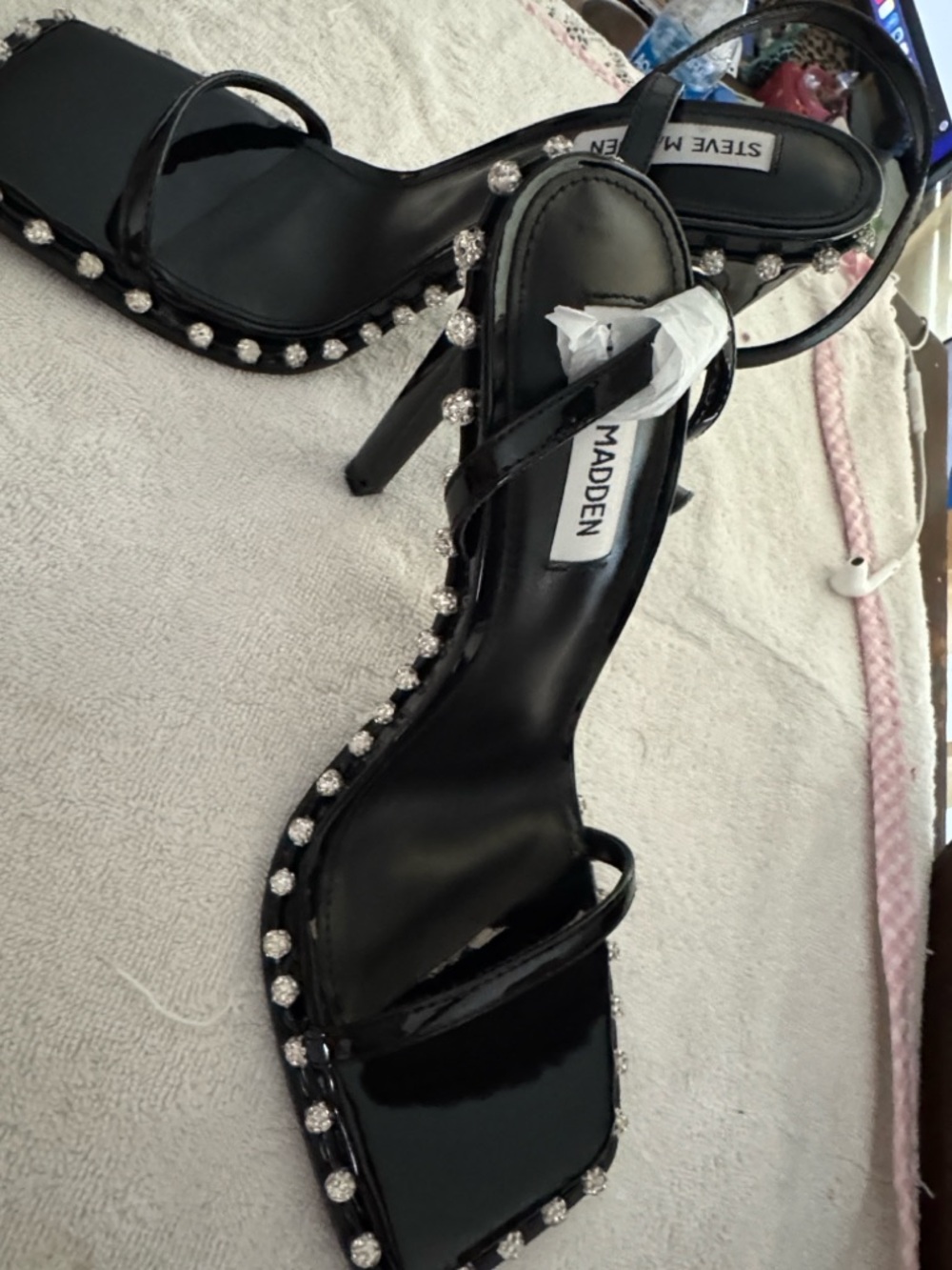 Steve Madden Black Patent Jeweled Ankle-Strap Heels